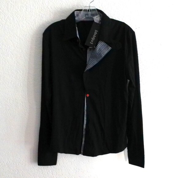 W[d^blju:], men's black button-up long sleeve shirt with blue/white plaid design - Picture 1 of 9